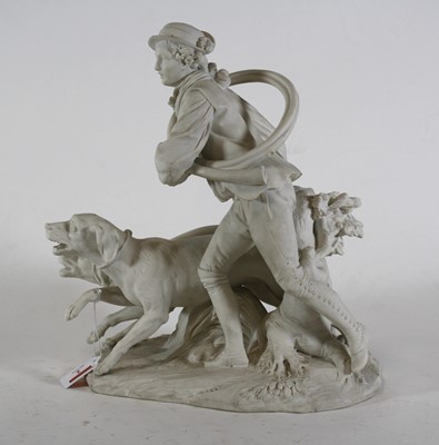 Lot 2 - A bisque porcelain figure group of a huntsman...