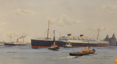 Lot 1040 - Fred Johnson - Pair; Harbour scene with tugs...