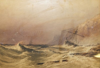 Lot 1052 - H. Carter - Ships in stormy seas off a rocky...