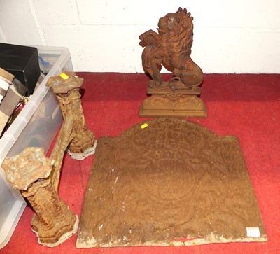 Lot 1076 - A Victorian cast iron fire back, cast iron...